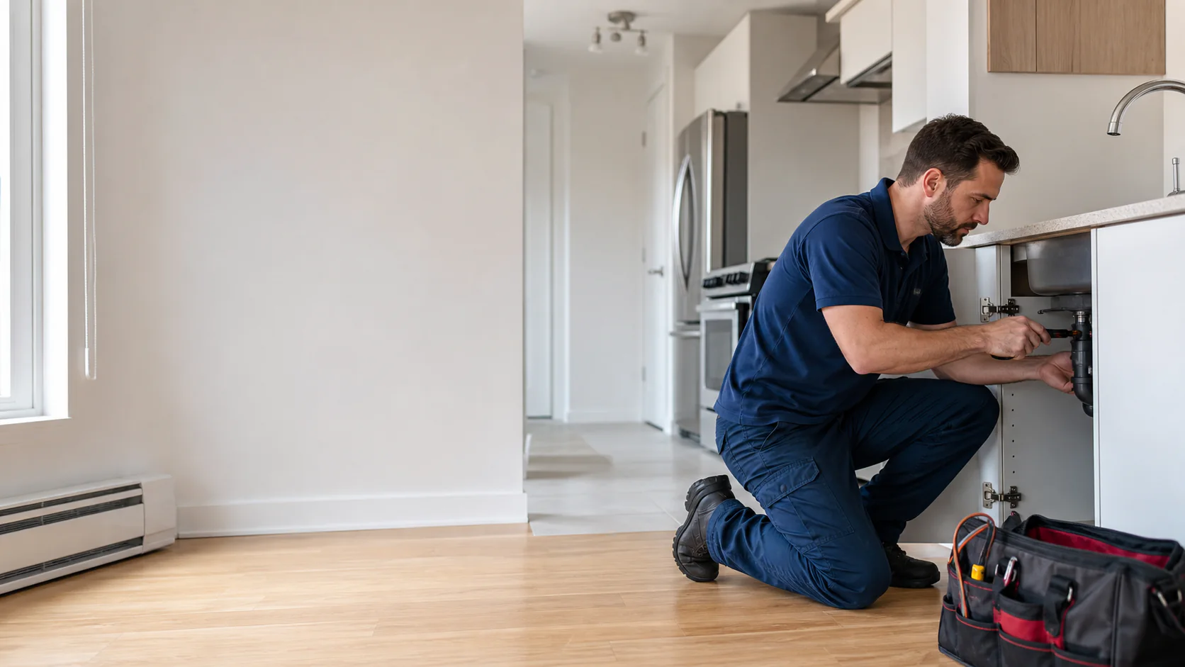Technicien Monsieur Bricole effectuant une réparation dans un logement locatif